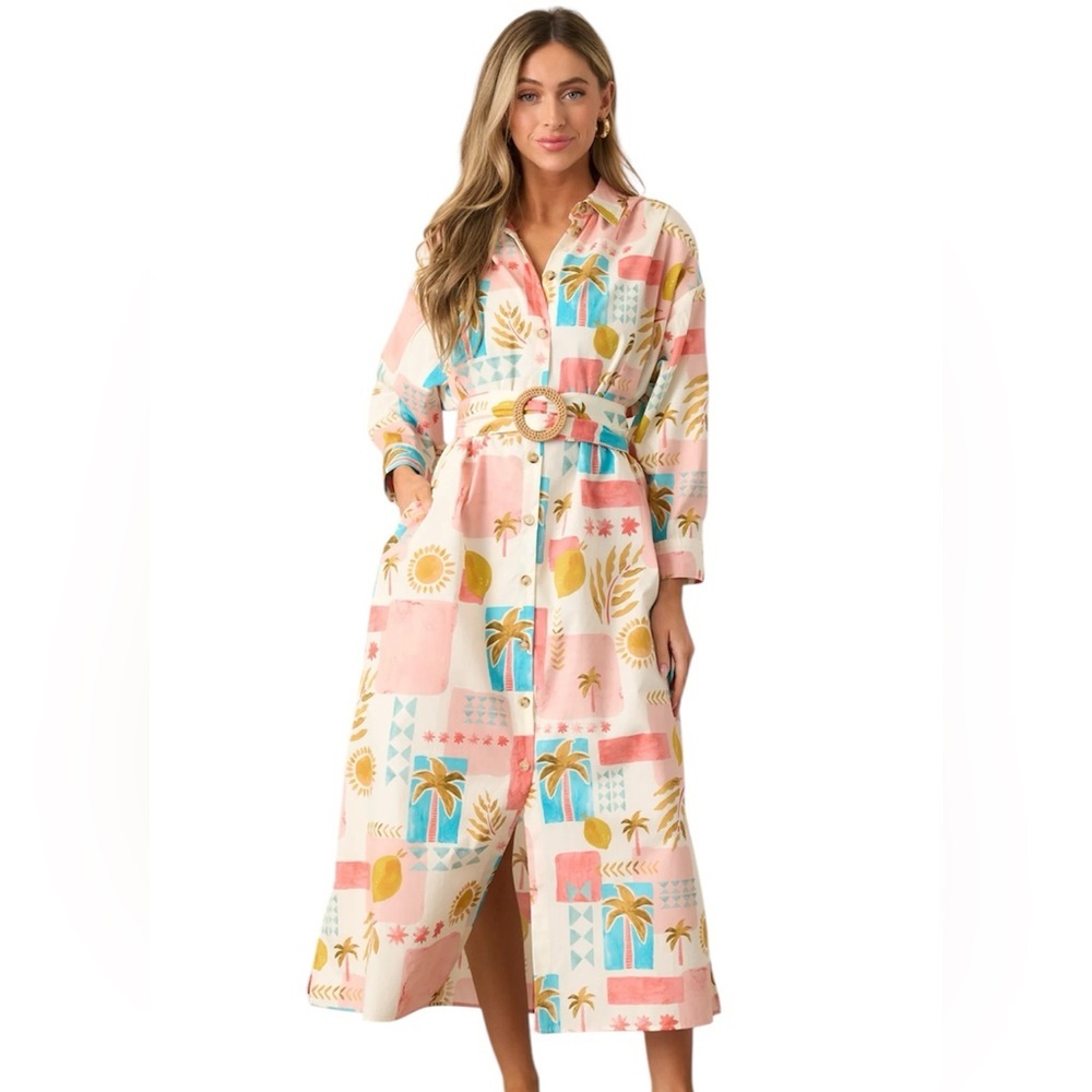 Tropical Print Button Front Midi Dress -NWT - Picture 1 of 3